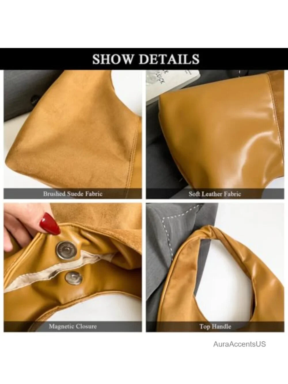 Suede Hobo Bag Women Slouchy Tote Handbag Splicing Leather Magnetic Closure